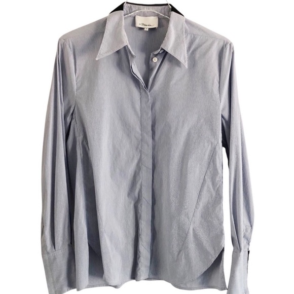 3-1 Phillip Lim Womens Button Down Blouse Blue White Striped Zipper Cuff Size 4 - Picture 9 of 9